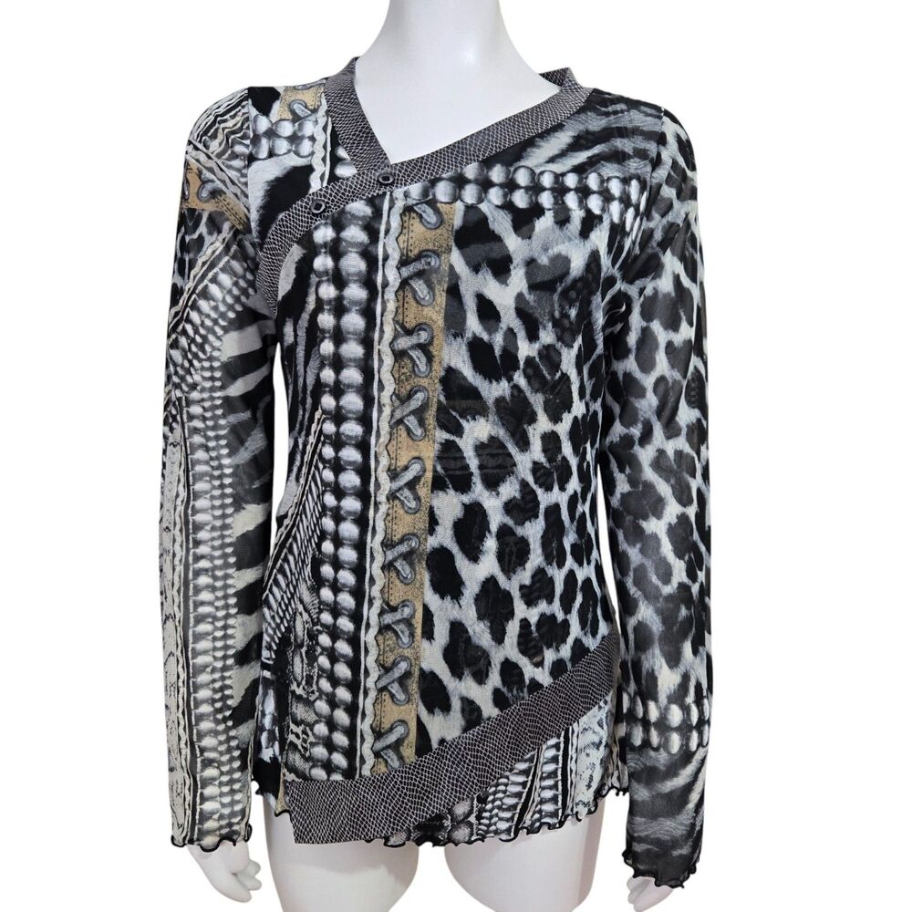 Vintage Anac By Kimi Size L Mesh Long Sleeve Top Layered animal print Grommets
